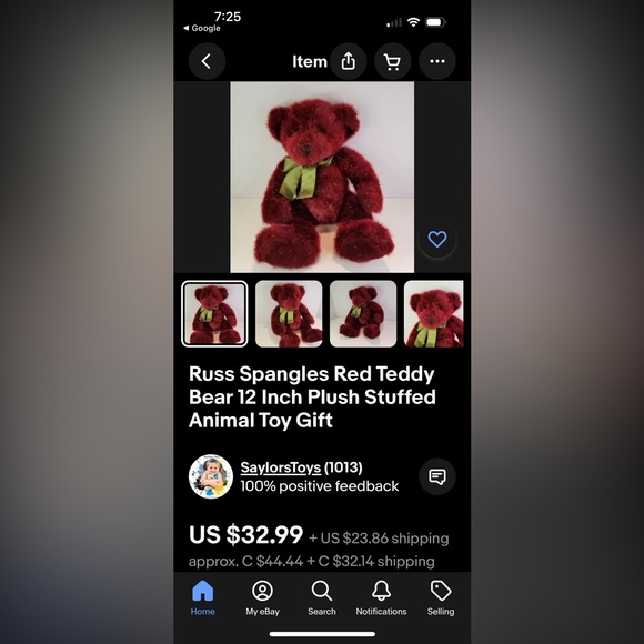 RUSS Spangles Red Teddy Bear 14 Inches Festive Opalescent Fur - Picture 7 of 7